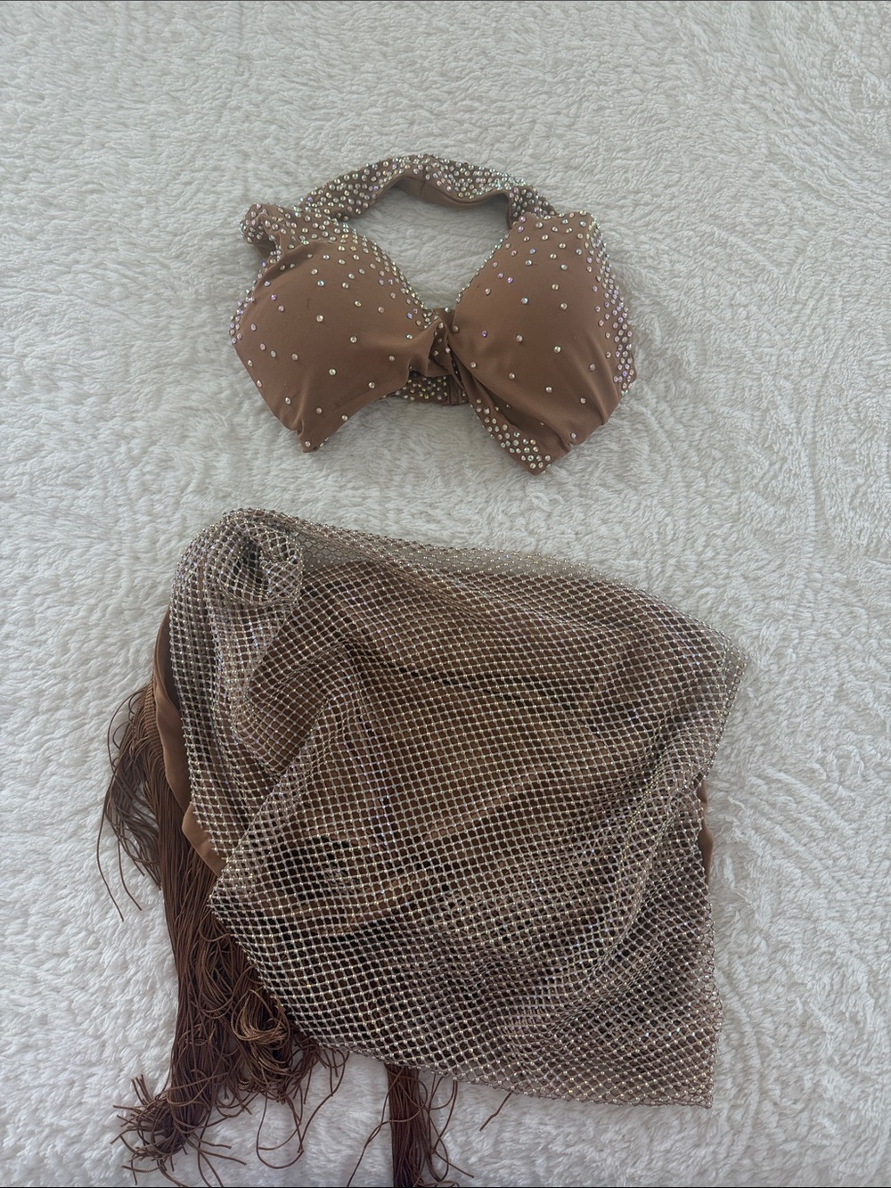 Embellished Brown Bikini Top with Matching Fringe Cover-Up